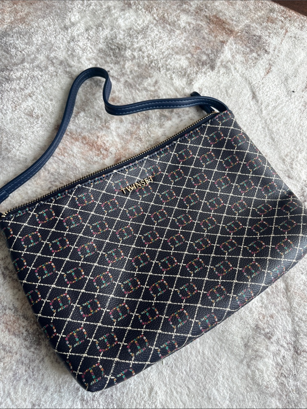 Twin-Set Navy Patterned Crossbody Bag with Multicolor Motif